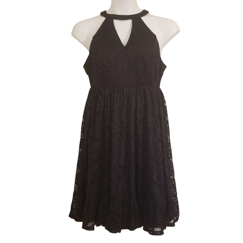 Torrid 0 Black Skater Halter Tiered V Neck LBD Mini Lace Ruffle Jem Dress Goth